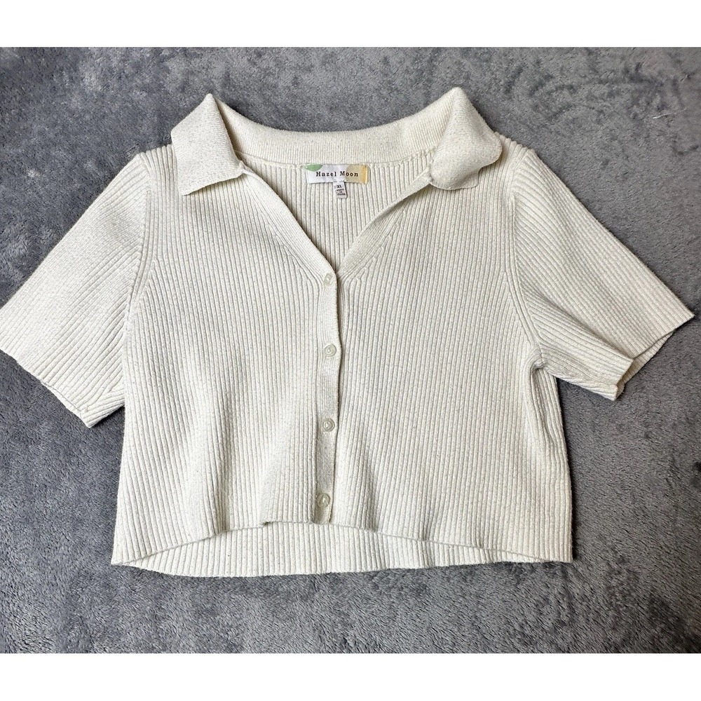 Women's Short Sleeve Polo Top Shirt Collar Button Up Ribbed White Stretch XL